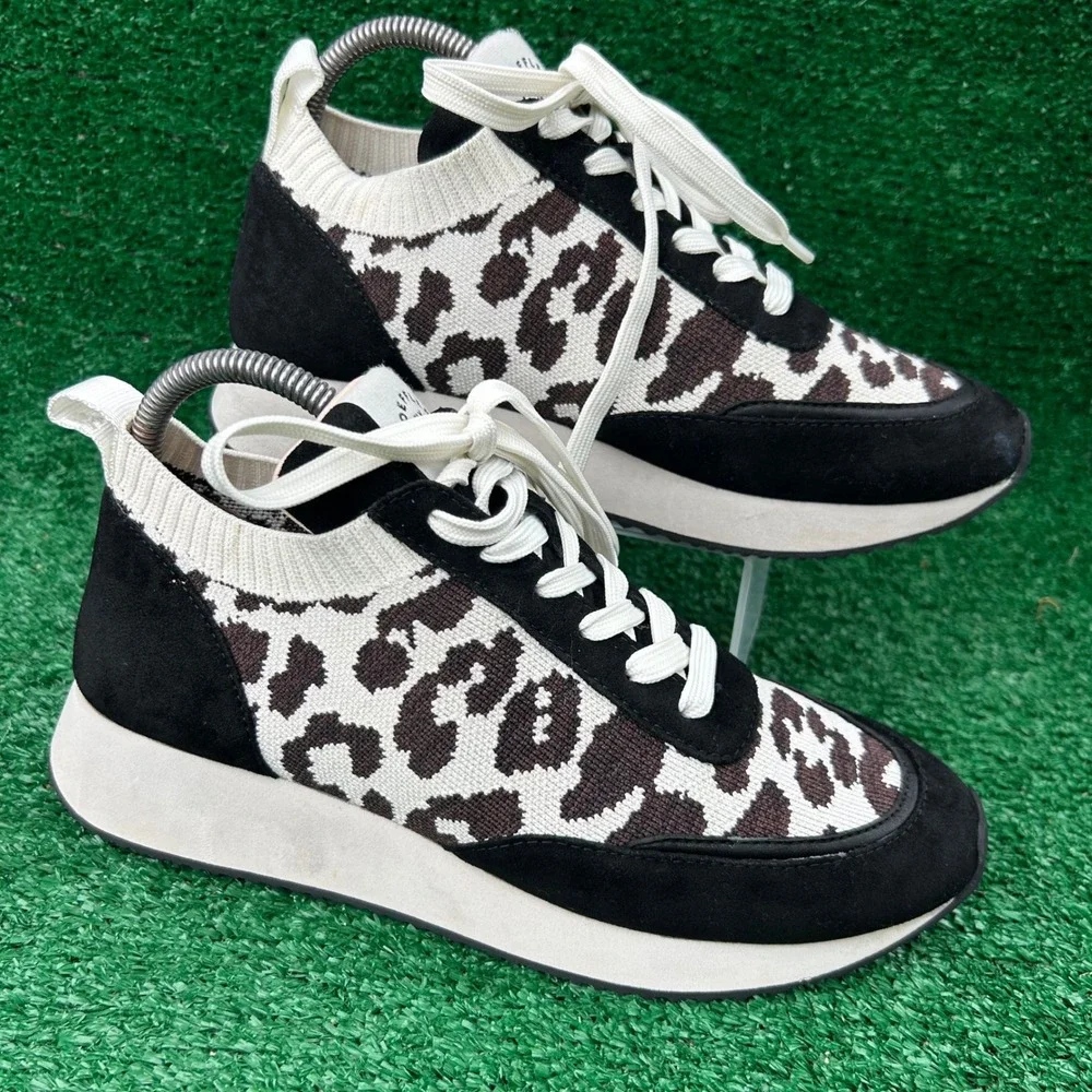 Loeffler Randall Kinane Leopard Print Knit Suede Sneakers Womens‎ 8M Black White